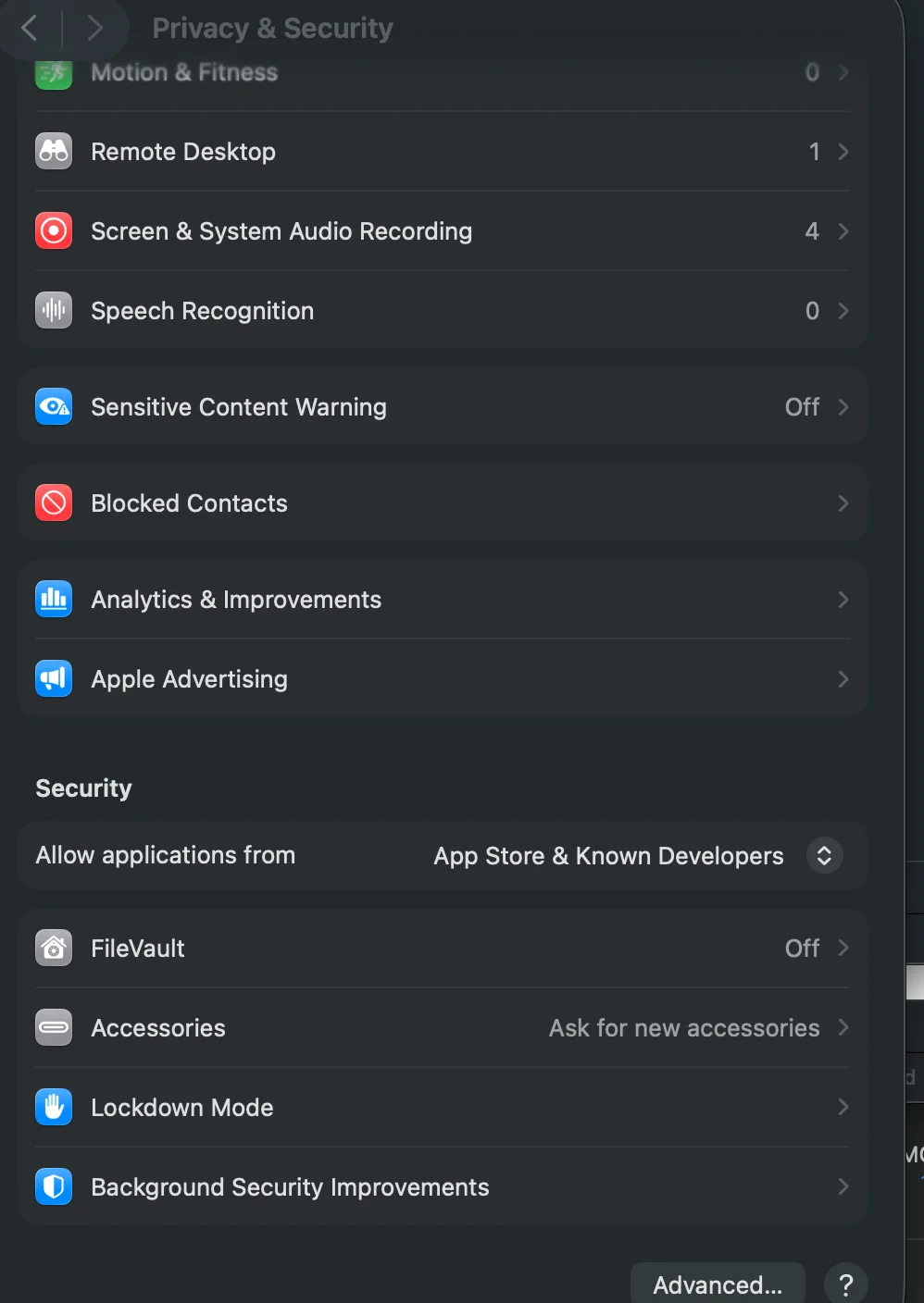 macOS 隐私与安全性设置
